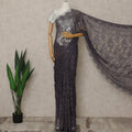 Purple Premium French Metallic Chantilly Lace Saree with Stone Work, 5.5 Mtrs Length, 110 Cms Width, Crafted in France-Blouse Not Included-D26678