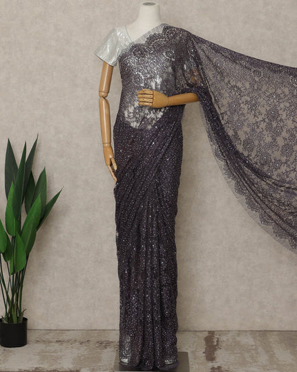 Purple Premium French Metallic Chantilly Lace Saree with Stone Work, 5.5 Mtrs Length, 110 Cms Width, Crafted in France-Blouse Not Included-D26678
