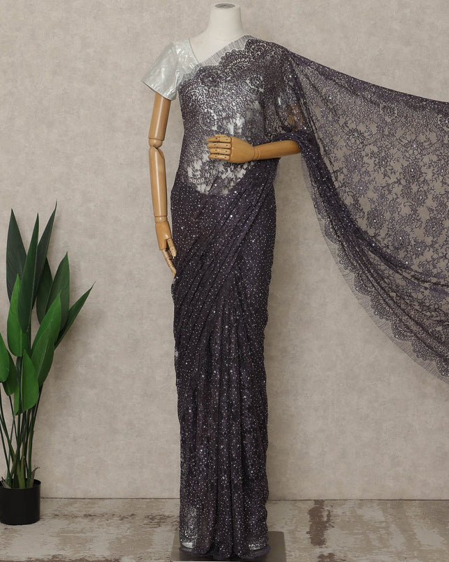 Purple Premium French Metallic Chantilly Lace Saree with Stone Work, 5.5 Mtrs Length, 110 Cms Width, Crafted in France-Blouse Not Included-D26678