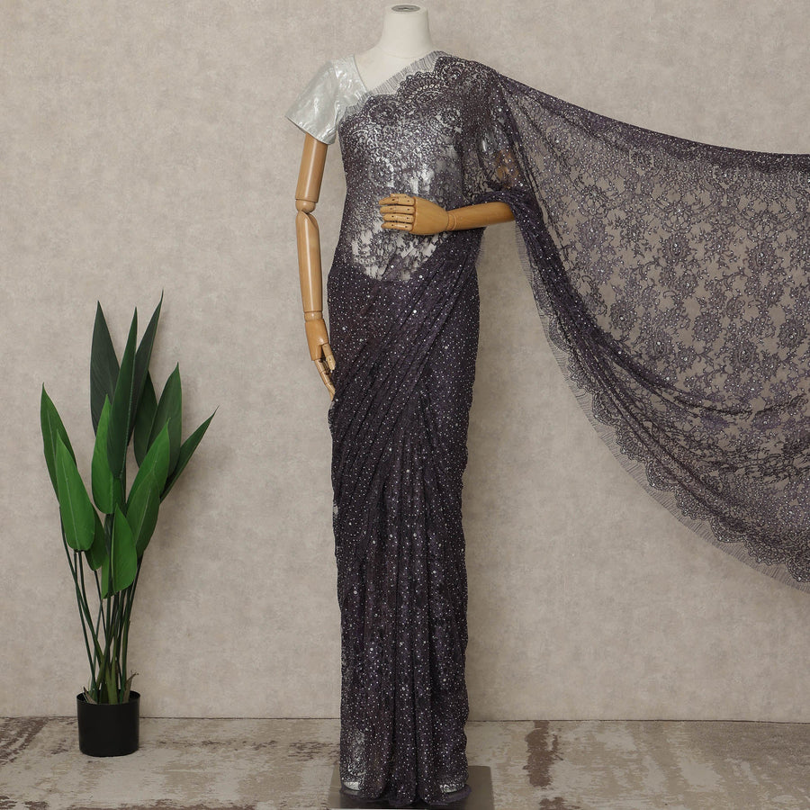 Purple Premium French Metallic Chantilly Lace Saree with Stone Work, 5.5 Mtrs Length, 110 Cms Width, Crafted in France-Blouse Not Included-D26678