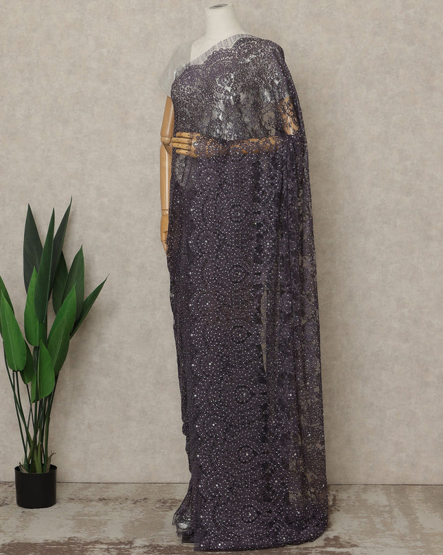 Purple Premium French Metallic Chantilly Lace Saree with Stone Work, 5.5 Mtrs Length, 110 Cms Width, Crafted in France-Blouse Not Included-D26678