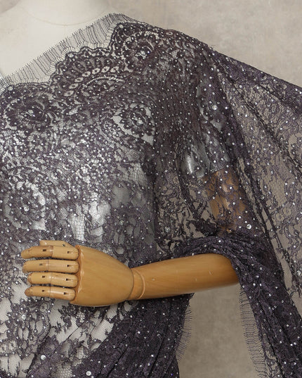 Purple Premium French Metallic Chantilly Lace Saree with Stone Work, 5.5 Mtrs Length, 110 Cms Width, Crafted in France-Blouse Not Included-D26678