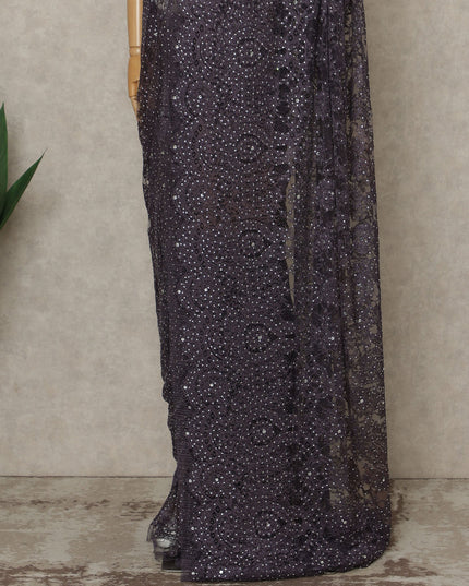 Purple Premium French Metallic Chantilly Lace Saree with Stone Work, 5.5 Mtrs Length, 110 Cms Width, Crafted in France-Blouse Not Included-D26678