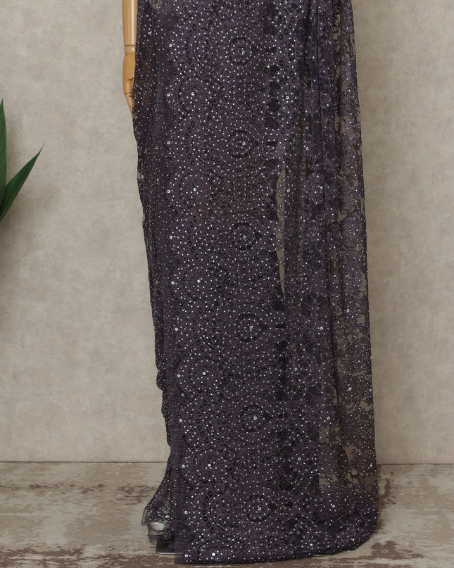 Purple Premium French Metallic Chantilly Lace Saree with Stone Work, 5.5 Mtrs Length, 110 Cms Width, Crafted in France-Blouse Not Included-D26678