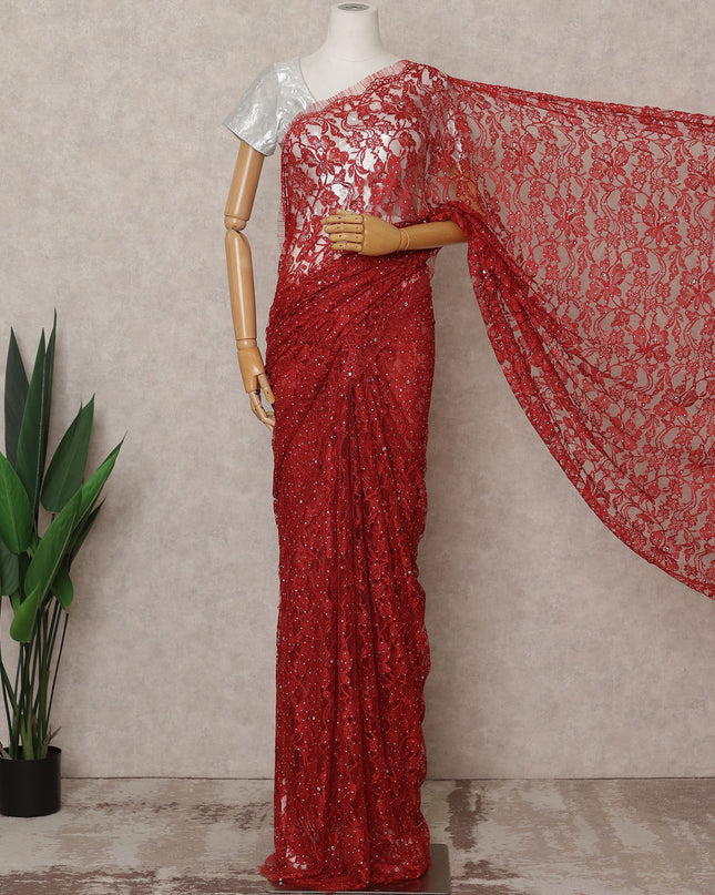 Red Premium French 2Tone Chantilly Lace Saree Fabric with Stone Work – 5.5 Meters Length, 110 Cms Width, Imported from France-D25727 Regal Fabrics
