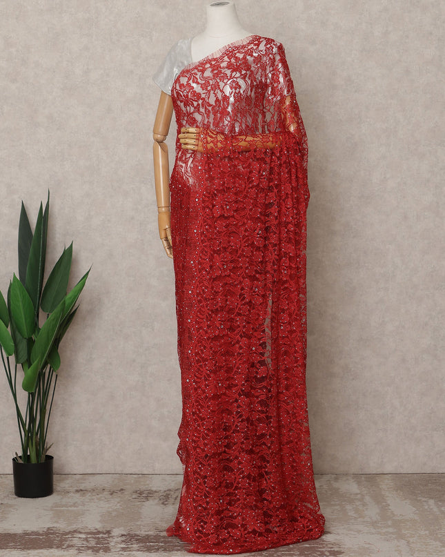 Red Premium French 2Tone Chantilly Lace Saree Fabric with Stone Work – 5.5 Meters Length, 110 Cms Width, Imported from France-D25727 Regal Fabrics
