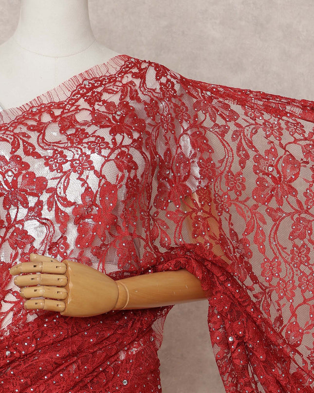 Red Premium French 2Tone Chantilly Lace Saree Fabric with Stone Work – 5.5 Meters Length, 110 Cms Width, Imported from France-D25727 Regal Fabrics