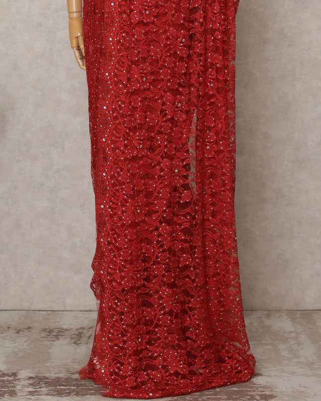 Red Premium French 2Tone Chantilly Lace Saree Fabric with Stone Work – 5.5 Meters Length, 110 Cms Width, Imported from France-D25727 Regal Fabrics