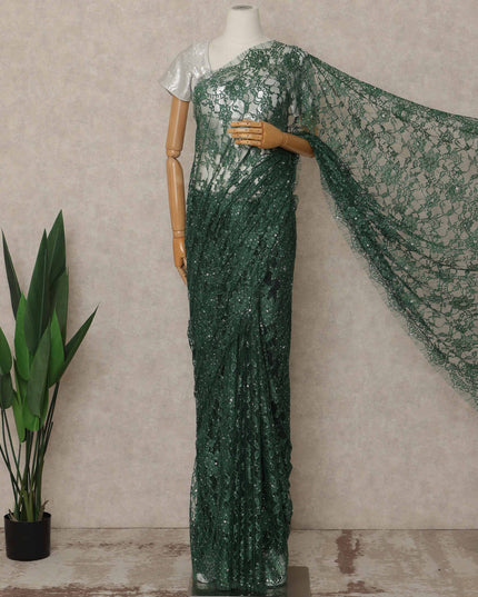 Emerald Green Premium French Chantilly Saree Lace With Stone Work 5.5 Mtrs Length 110 Cms Width Designer Net Fabric Made In France, Blouse Not Included-D28131