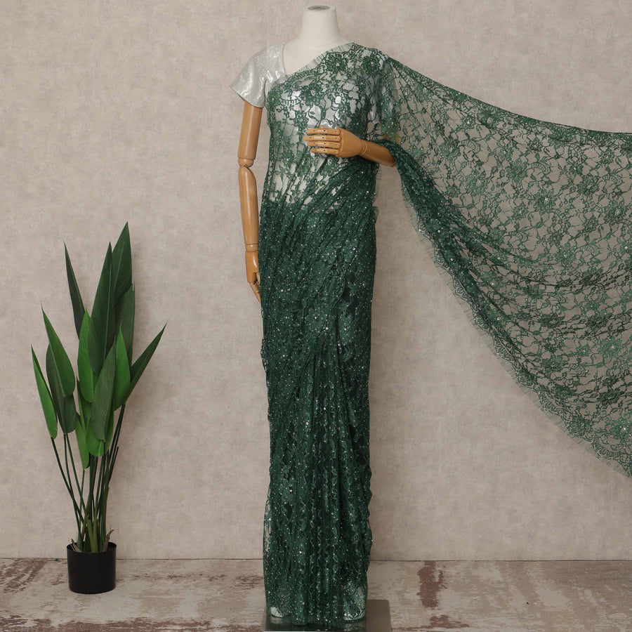 Emerald Green Premium French Chantilly Saree Lace With Stone Work 5.5 Mtrs Length 110 Cms Width Designer Net Fabric Made In France, Blouse Not Included-D28131