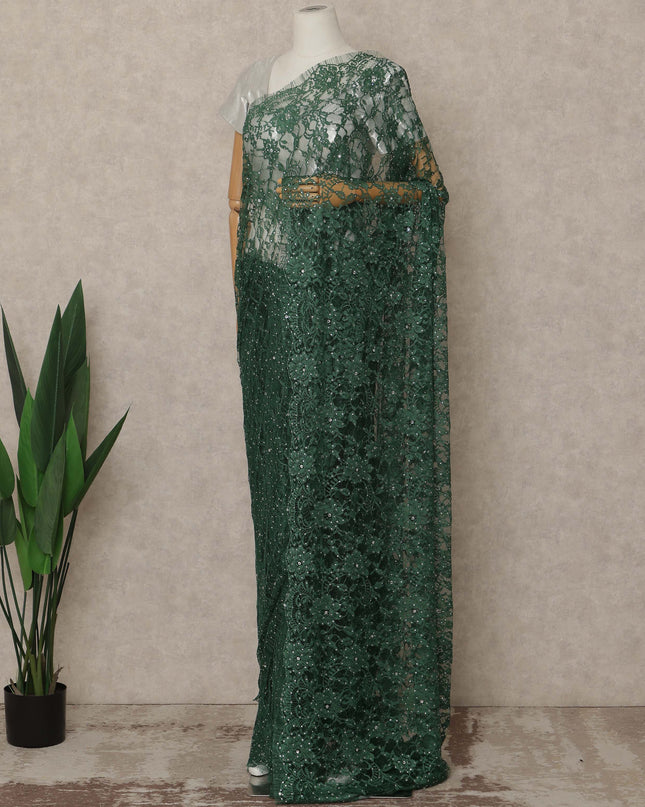 Emerald Green Premium French Chantilly Saree Lace With Stone Work 5.5 Mtrs Length 110 Cms Width Designer Net Fabric Made In France, Blouse Not Included-D28131