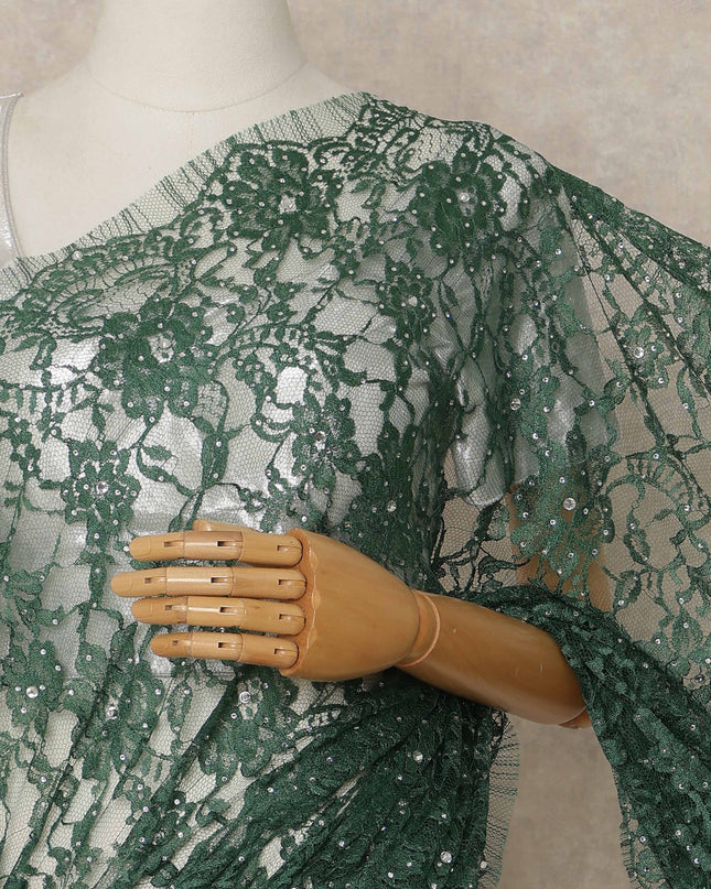 Emerald Green Premium French Chantilly Saree Lace With Stone Work 5.5 Mtrs Length 110 Cms Width Designer Net Fabric Made In France, Blouse Not Included-D28131
