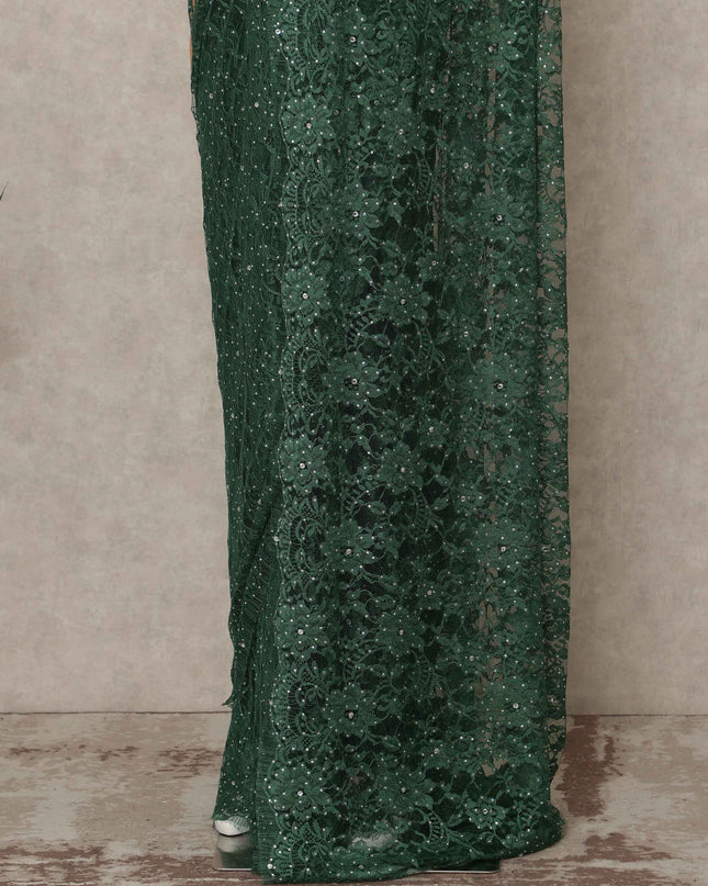 Emerald Green Premium French Chantilly Saree Lace With Stone Work 5.5 Mtrs Length 110 Cms Width Designer Net Fabric Made In France, Blouse Not Included-D28131