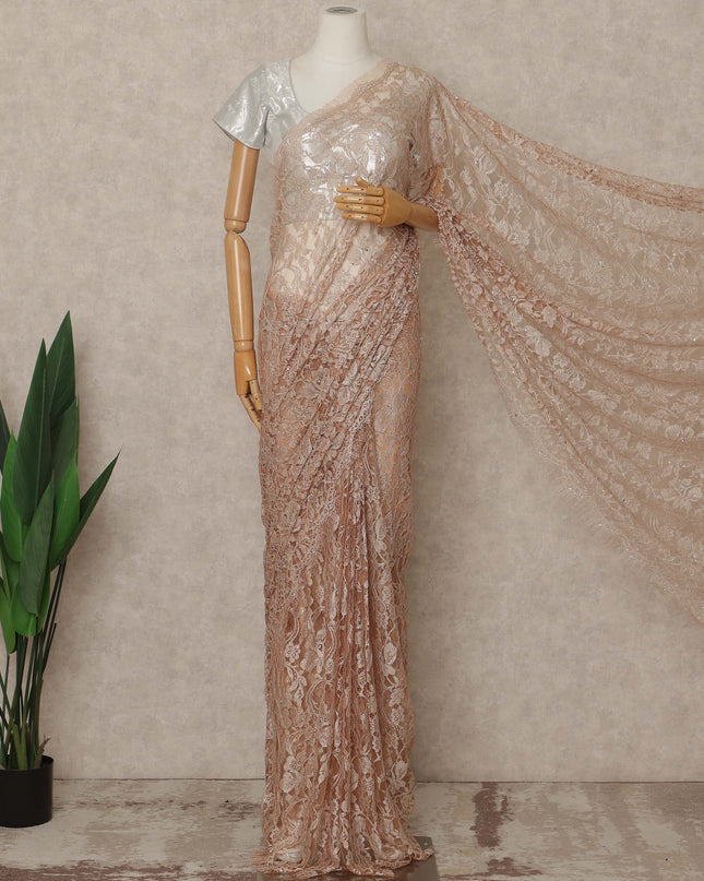 Peach Nude Premium French Chantilly Saree Lace With Stone Work 5.5 Mtrs Length 110 Cms Width Designer Net Fabric Made In France, Blouse Not Included-D28135