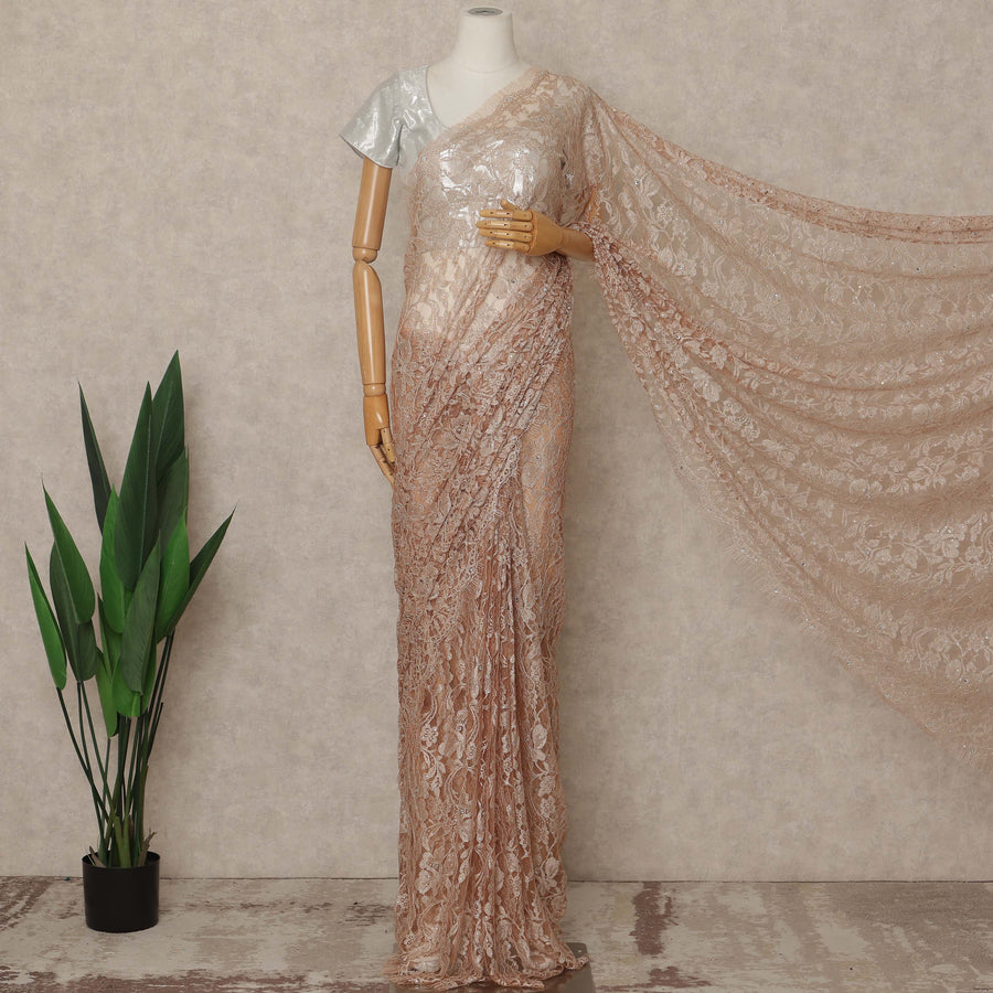 Peach Nude Premium French Chantilly Saree Lace With Stone Work 5.5 Mtrs Length 110 Cms Width Designer Net Fabric Made In France, Blouse Not Included-D28135