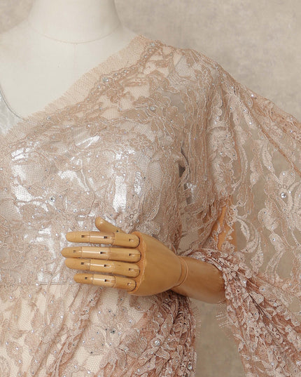 Peach Nude Premium French Chantilly Saree Lace With Stone Work 5.5 Mtrs Length 110 Cms Width Designer Net Fabric Made In France, Blouse Not Included-D28135