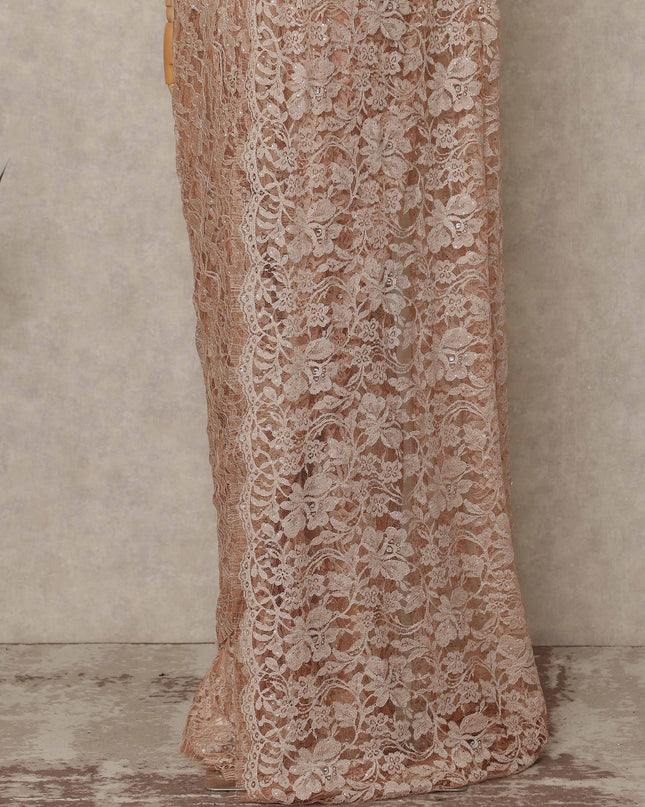 Peach Nude Premium French Chantilly Saree Lace With Stone Work 5.5 Mtrs Length 110 Cms Width Designer Net Fabric Made In France, Blouse Not Included-D28135