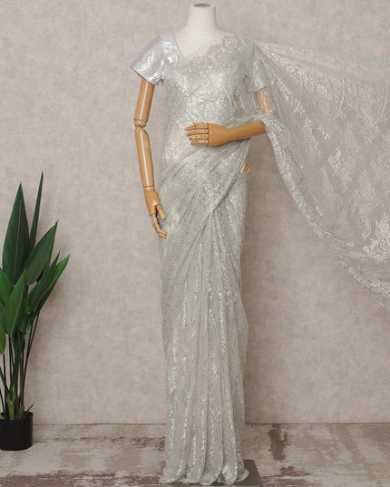 Silver Premium French Metallic Chantilly Lace Saree, Width 110 Cms, Length 5.5 Mtrs, Imported from France-D25692