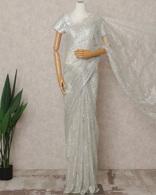Silver Premium French Metallic Chantilly Lace Saree, Width 110 Cms, Length 5.5 Mtrs, Imported from France-D25692