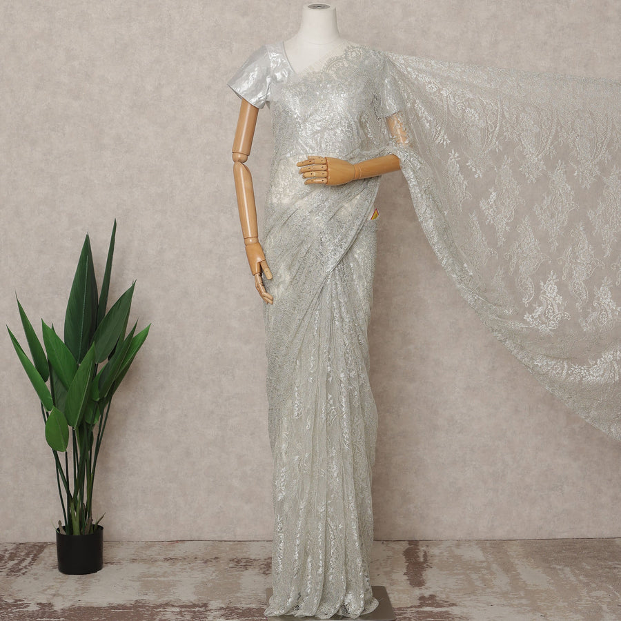 Silver Premium French Metallic Chantilly Lace Saree, Width 110 Cms, Length 5.5 Mtrs, Imported from France-D25692