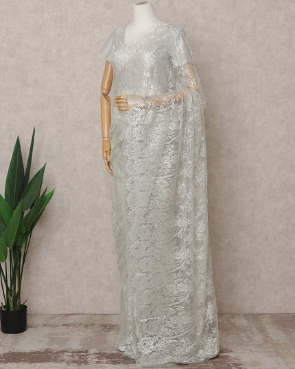 Silver Premium French Metallic Chantilly Lace Saree, Width 110 Cms, Length 5.5 Mtrs, Imported from France-D25692