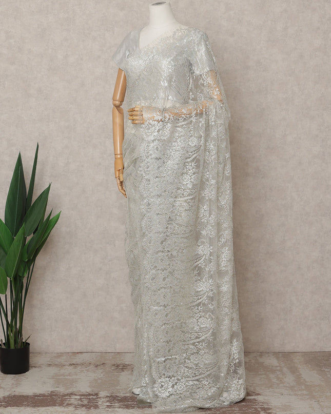Silver Premium French Metallic Chantilly Lace Saree, Width 110 Cms, Length 5.5 Mtrs, Imported from France-D25692