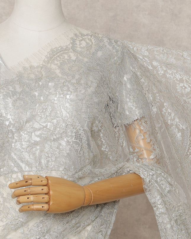 Silver Premium French Metallic Chantilly Lace Saree, Width 110 Cms, Length 5.5 Mtrs, Imported from France-D25692