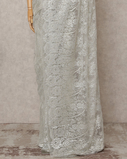 Silver Premium French Metallic Chantilly Lace Saree, Width 110 Cms, Length 5.5 Mtrs, Imported from France-D25692