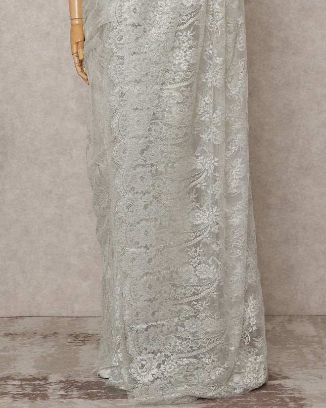 Silver Premium French Metallic Chantilly Lace Saree, Width 110 Cms, Length 5.5 Mtrs, Imported from France-D25692
