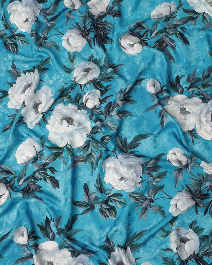 Turquoise Blue Floral Printed Premium Pure Silk Satin Fabric Soft Smooth Lustrous Designer Finish 140 Cms Width, 3.5 Mtrs Piece and Made in Italy-D27199