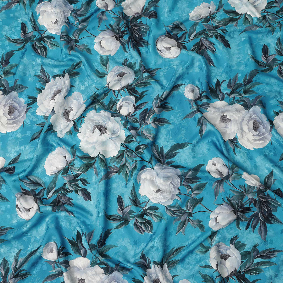 Turquoise Blue Floral Printed Premium Pure Silk Satin Fabric Soft Smooth Lustrous Designer Finish 140 Cms Width, 3.5 Mtrs Piece and Made in Italy-D27199