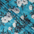Turquoise Blue Floral Printed Premium Pure Silk Satin Fabric Soft Smooth Lustrous Designer Finish 140 Cms Width, 3.5 Mtrs Piece and Made in Italy-D27199