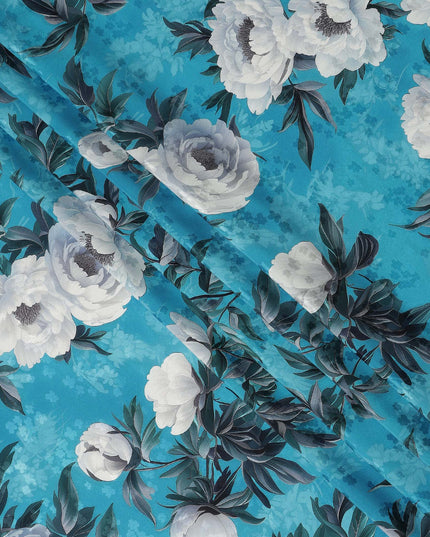 Turquoise Blue Floral Printed Premium Pure Silk Satin Fabric Soft Smooth Lustrous Designer Finish 140 Cms Width, 3.5 Mtrs Piece and Made in Italy-D27199