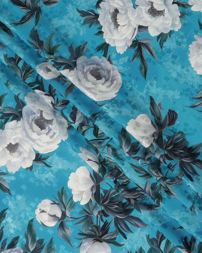 Turquoise Blue Floral Printed Premium Pure Silk Satin Fabric Soft Smooth Lustrous Designer Finish 140 Cms Width, 3.5 Mtrs Piece and Made in Italy-D27199