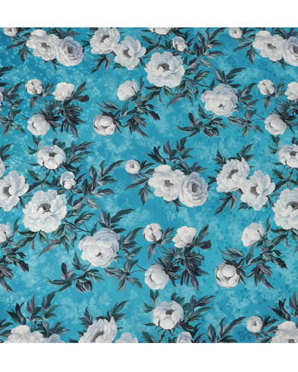 Turquoise Blue Floral Printed Premium Pure Silk Satin Fabric Soft Smooth Lustrous Designer Finish 140 Cms Width, 3.5 Mtrs Piece and Made in Italy-D27199