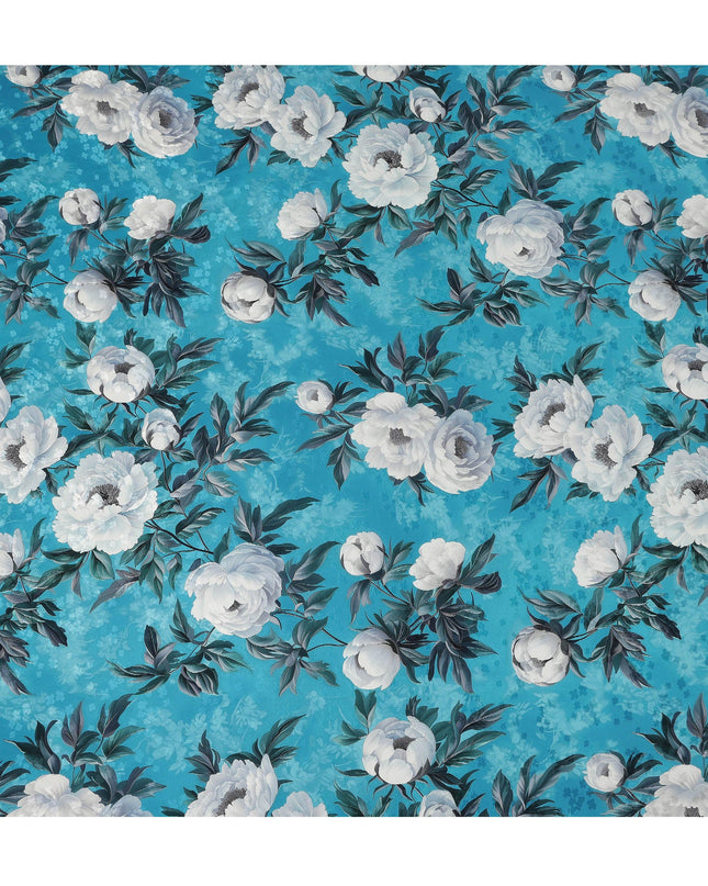 Turquoise Blue Floral Printed Premium Pure Silk Satin Fabric Soft Smooth Lustrous Designer Finish 140 Cms Width, 3.5 Mtrs Piece and Made in Italy-D27199