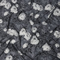Charcoal Grey Monochrome Floral Printed Premium Pure Silk Satin Fabric with Elegant Rose Design, 140 cms Width, Made in Italy-D26315