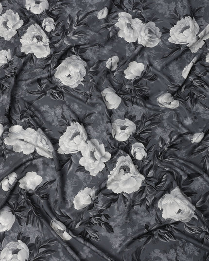 Charcoal Grey Monochrome Floral Printed Premium Pure Silk Satin Fabric with Elegant Rose Design, 140 cms Width, Made in Italy-D26315