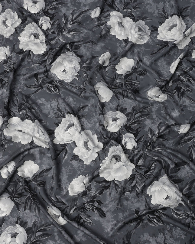 Charcoal Grey Monochrome Floral Printed Premium Pure Silk Satin Fabric with Elegant Rose Design, 140 cms Width, Made in Italy-D26315