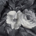 Charcoal Grey Monochrome Floral Printed Premium Pure Silk Satin Fabric with Elegant Rose Design, 140 cms Width, Made in Italy-D26315
