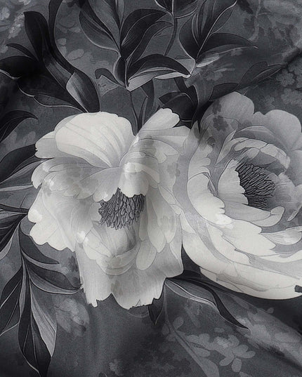 Charcoal Grey Monochrome Floral Printed Premium Pure Silk Satin Fabric with Elegant Rose Design, 140 cms Width, Made in Italy-D26315