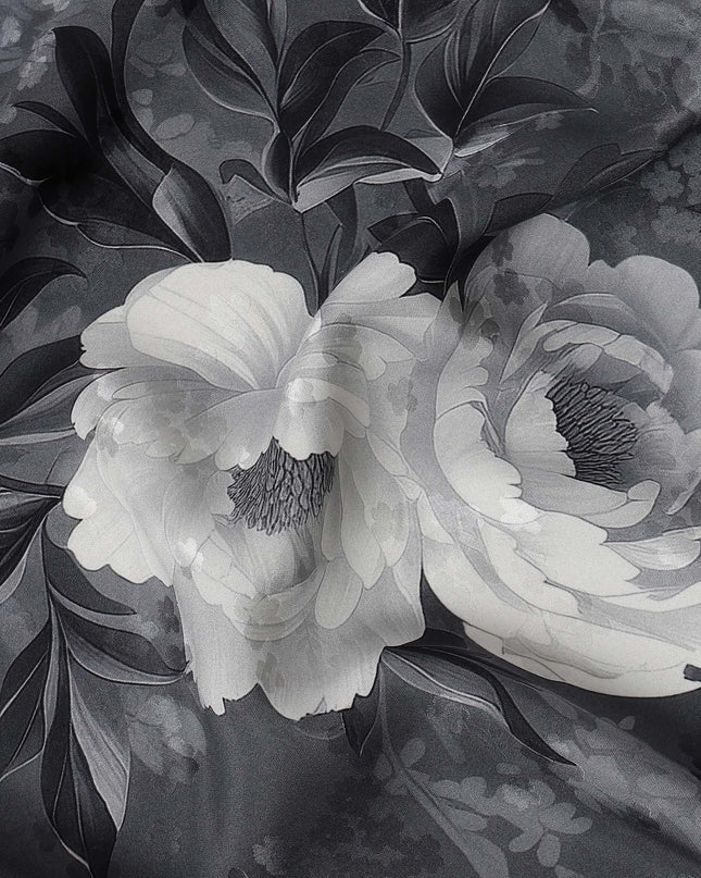 Charcoal Grey Monochrome Floral Printed Premium Pure Silk Satin Fabric with Elegant Rose Design, 140 cms Width, Made in Italy-D26315