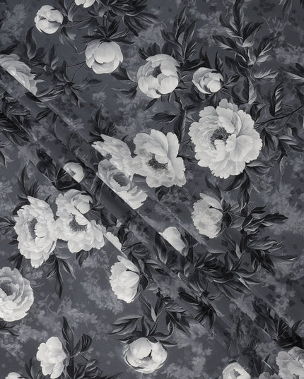 Charcoal Grey Monochrome Floral Printed Premium Pure Silk Satin Fabric with Elegant Rose Design, 140 cms Width, Made in Italy-D26315