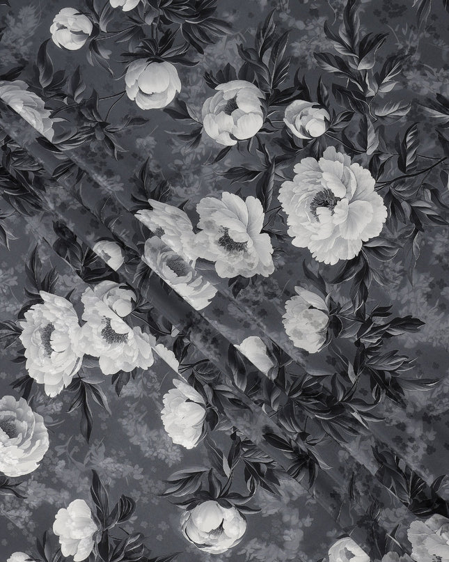 Charcoal Grey Monochrome Floral Printed Premium Pure Silk Satin Fabric with Elegant Rose Design, 140 cms Width, Made in Italy-D26315