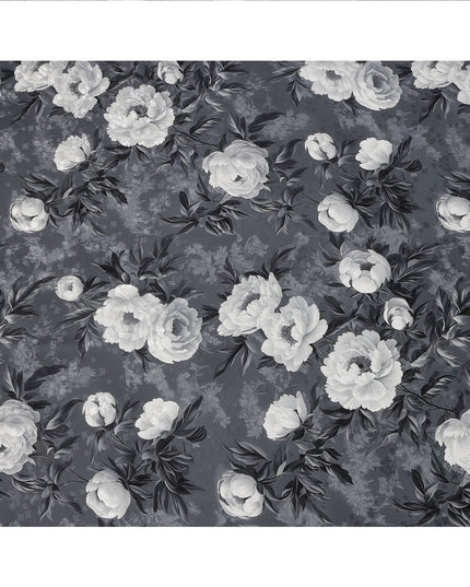 Charcoal Grey Monochrome Floral Printed Premium Pure Silk Satin Fabric with Elegant Rose Design, 140 cms Width, Made in Italy-D26315