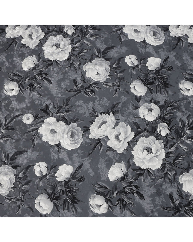 Charcoal Grey Monochrome Floral Printed Premium Pure Silk Satin Fabric with Elegant Rose Design, 140 cms Width, Made in Italy-D26315