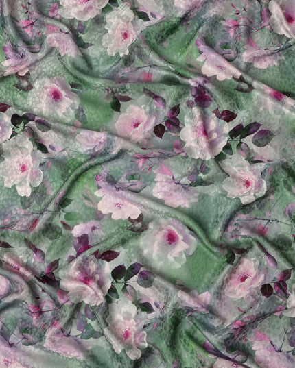 Green Floral Printed Premium Pure Silk Satin Fabric Soft Smooth Lustrous Finish 140 Cms Width, 3.5 Mtrs Piece and Made in Italy-D27186