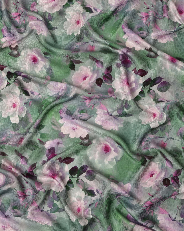 Green Floral Printed Premium Pure Silk Satin Fabric Soft Smooth Lustrous Finish 140 Cms Width, 3.5 Mtrs Piece and Made in Italy-D27186