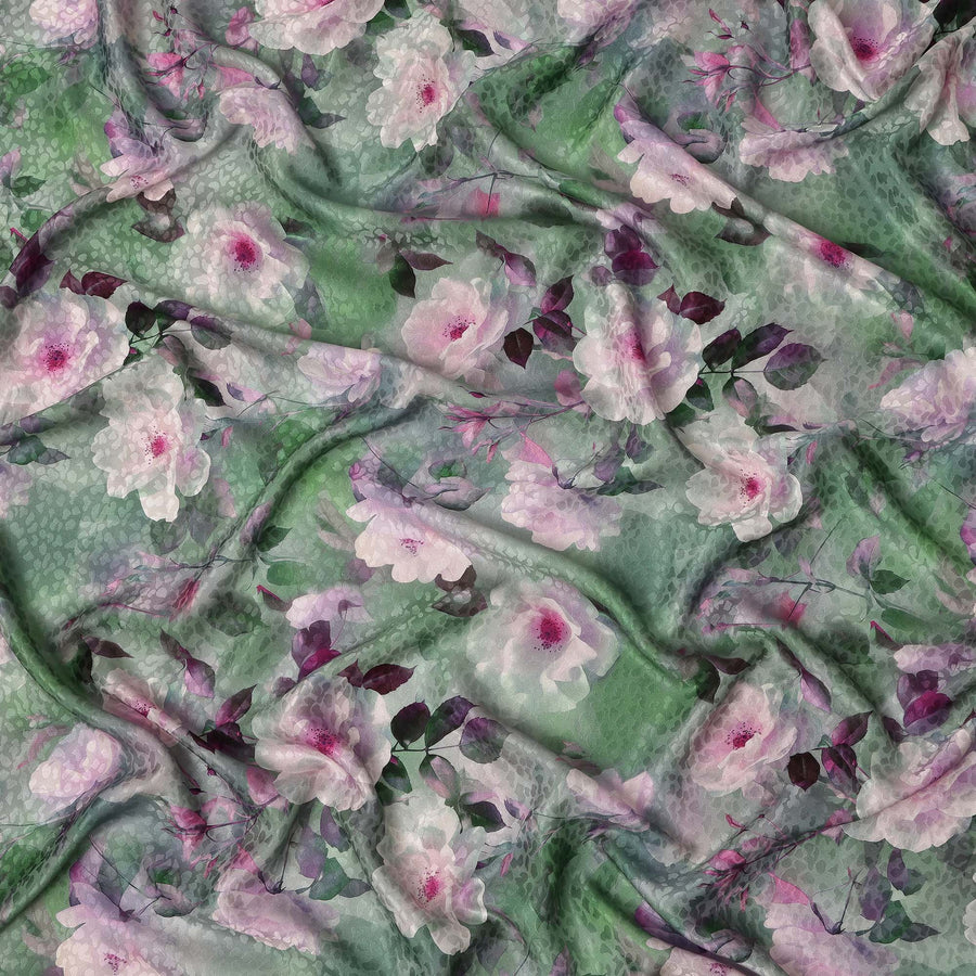 Green Floral Printed Premium Pure Silk Satin Fabric Soft Smooth Lustrous Finish 140 Cms Width, 3.5 Mtrs Piece and Made in Italy-D27186