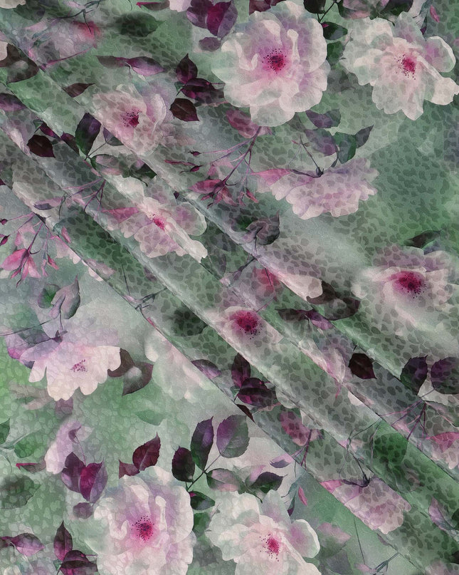 Green Floral Printed Premium Pure Silk Satin Fabric Soft Smooth Lustrous Finish 140 Cms Width, 3.5 Mtrs Piece and Made in Italy-D27186